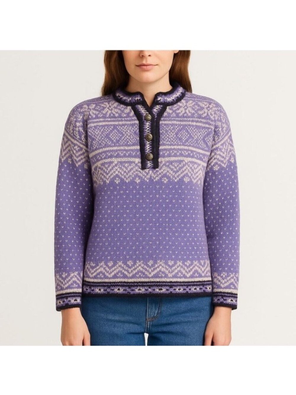 L.L. Bean Women's Fair Isle Sweater Blue Snowflake Nordic Cotton Knit Large